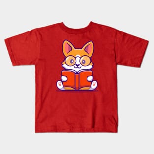 Cute Corgi Dog Reading Book Kids T-Shirt